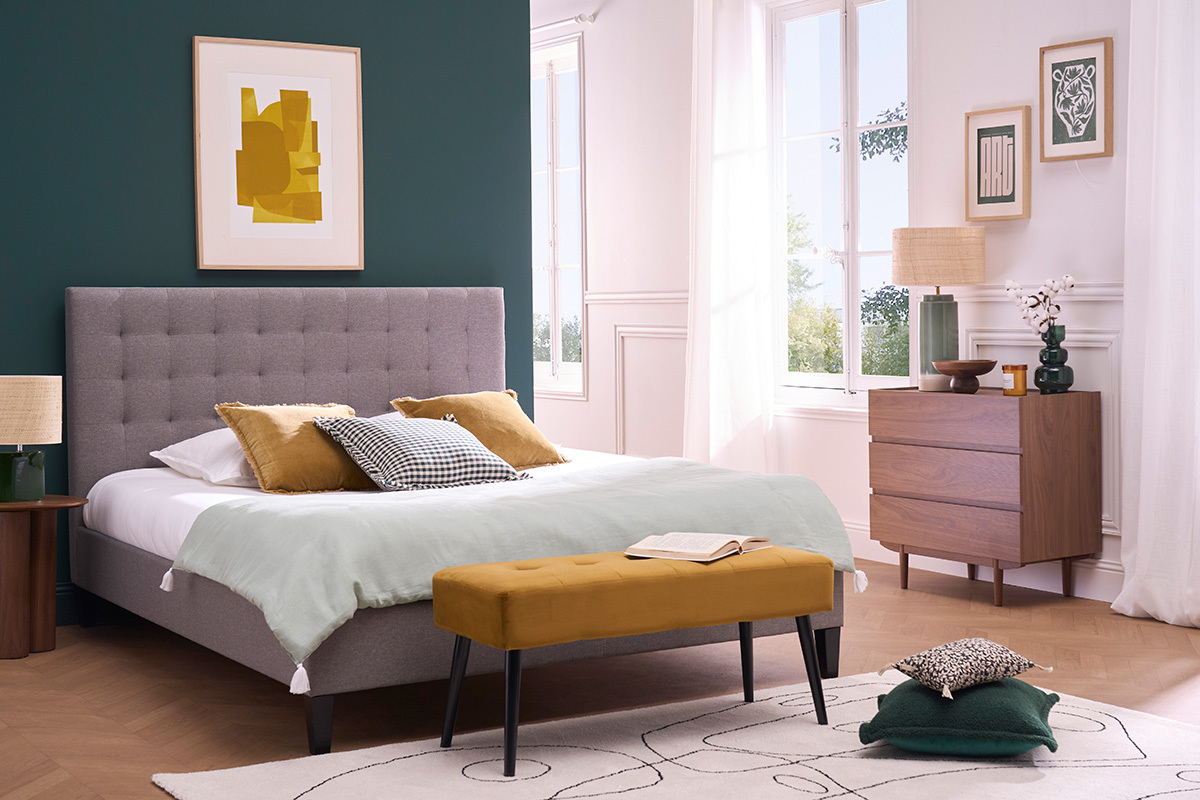 Letto design capitonn in tessuto Grigio chiaro 160x200 DANAE