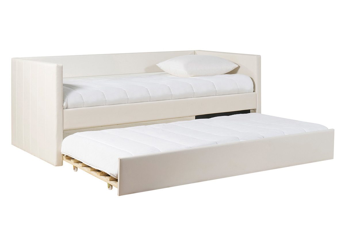 Letto a scomparsa bianco 90x190 cm con secondo letto estraibile aperto, vista da tre quarti.