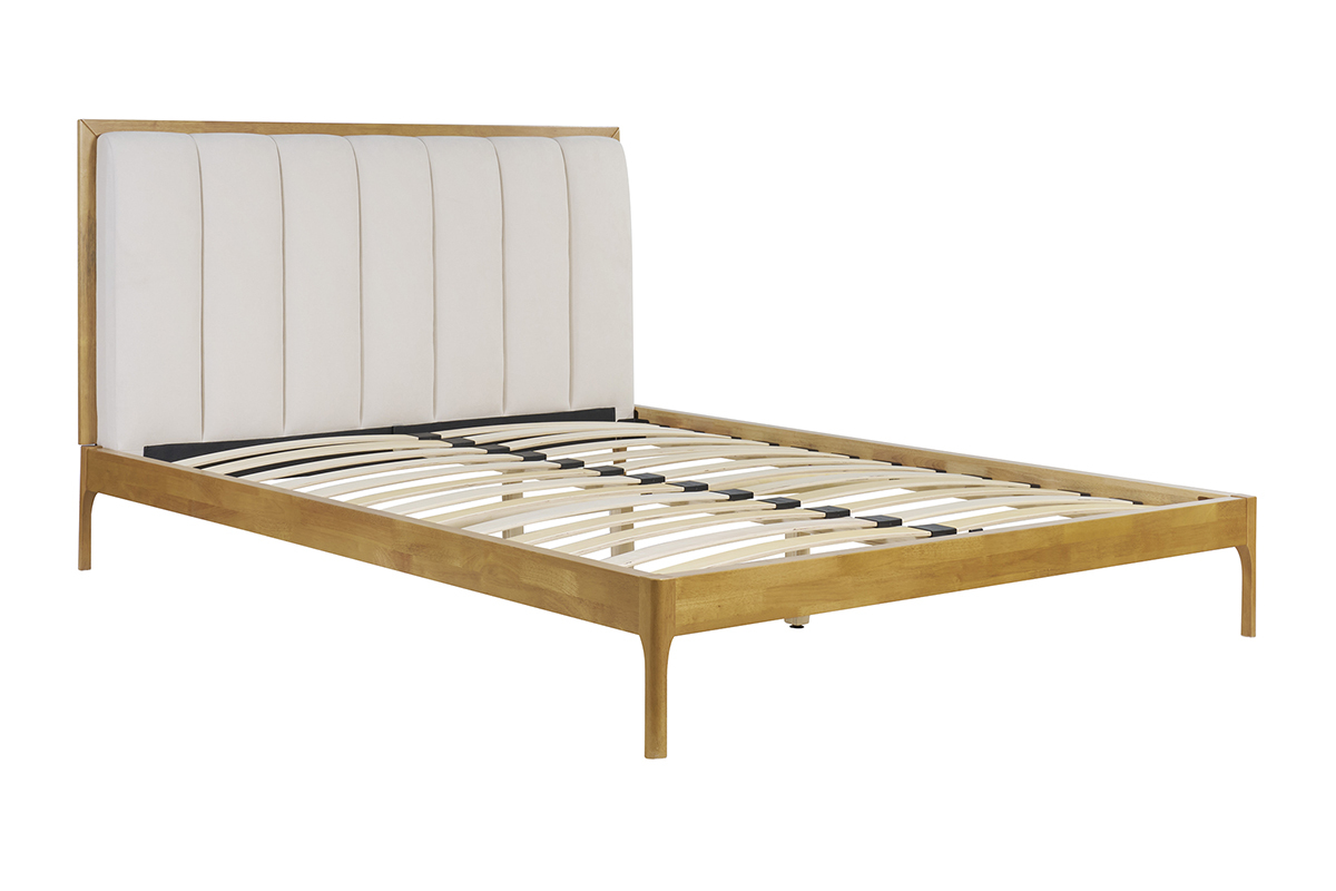 Letto matrimoniale 160x200 cm in legno chiaro e tessuto grigio chiaro RONN