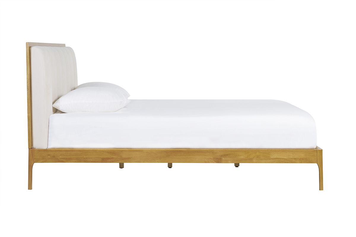 Letto matrimoniale 160x200 cm in legno chiaro e tessuto grigio chiaro RONN