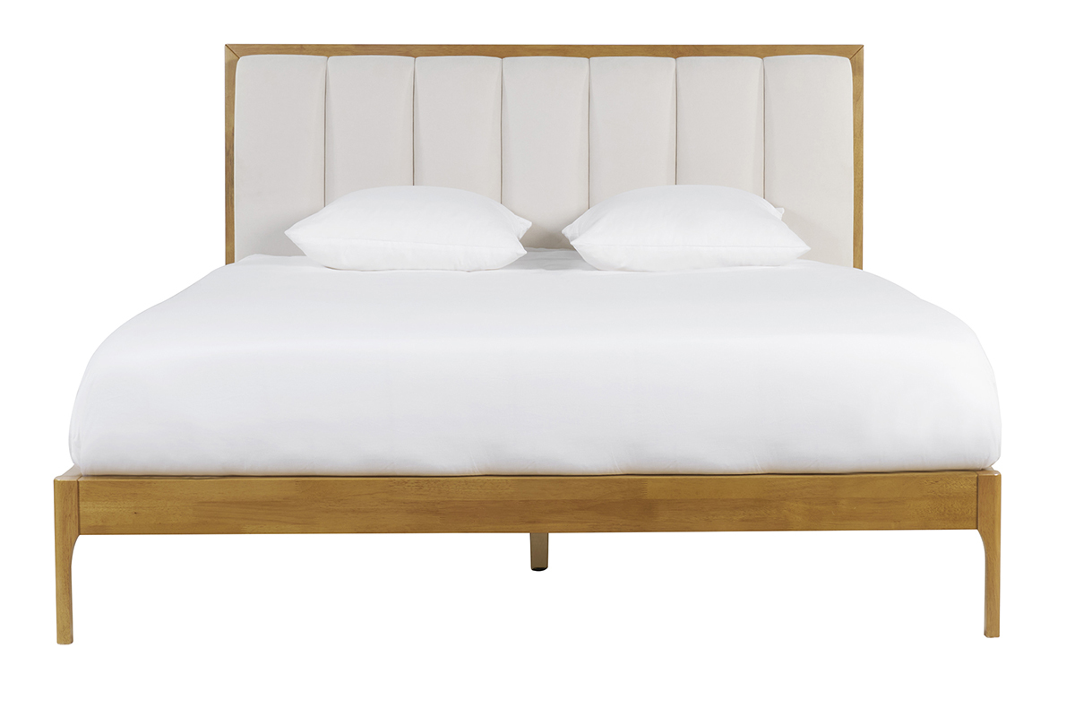 Letto matrimoniale 160x200 cm in legno chiaro e tessuto grigio chiaro RONN
