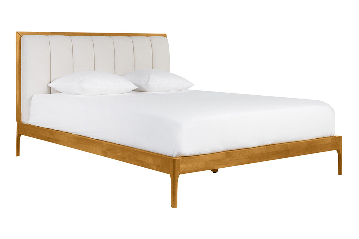 Letto matrimoniale 160x200 cm in legno chiaro e tessuto grigio chiaro RONN