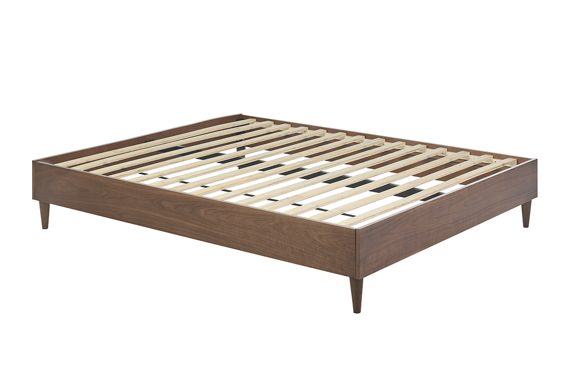 Letto matrimoniale 160x200 cm in legno scuro con rete a doghe, vista laterale