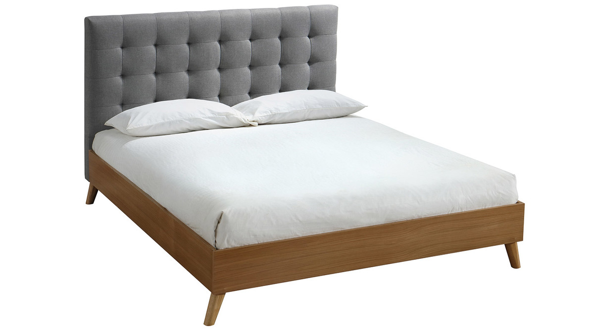 Letto matrimoniale scandinavo legno e tessuto grigio 140 x 200cm LYNN