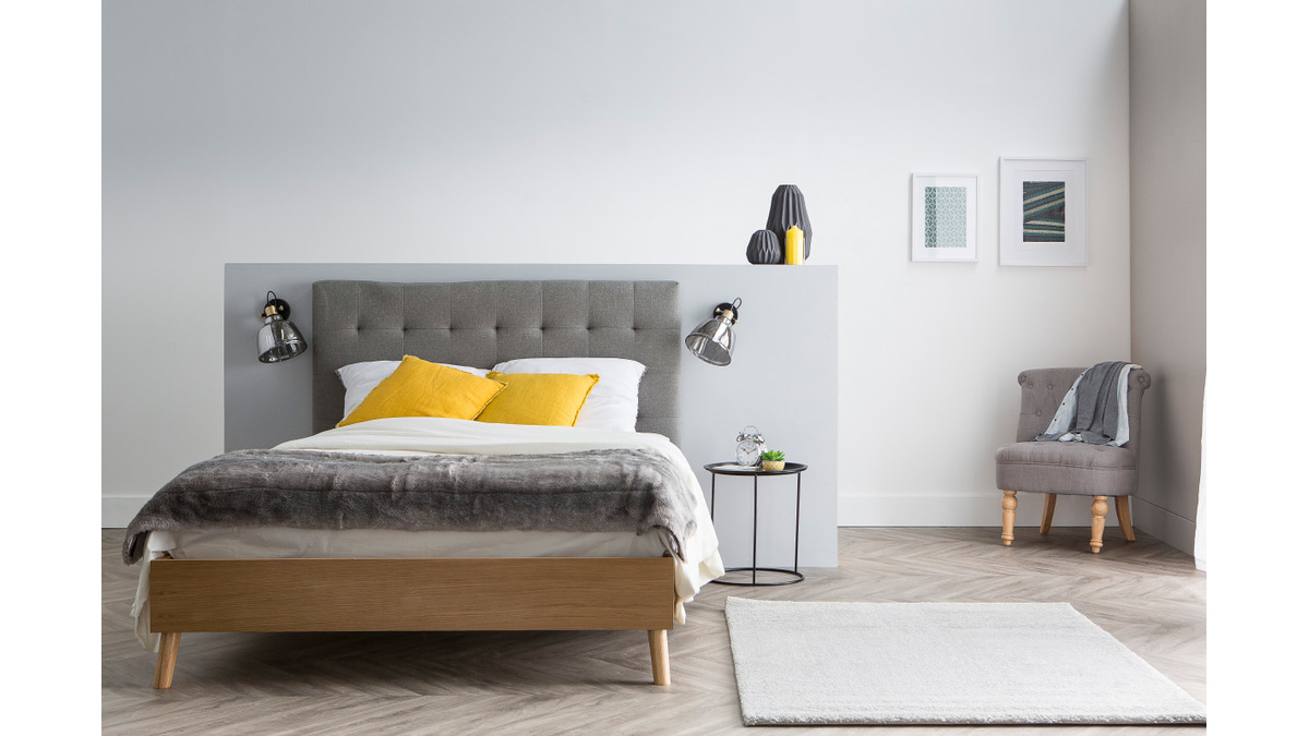 Letto matrimoniale scandinavo legno e tessuto grigio 140 x 200cm LYNN