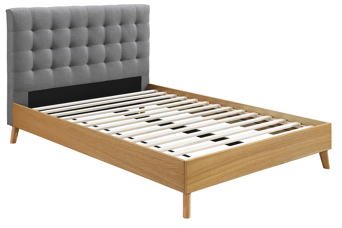 Letto matrimoniale scandinavo legno e tessuto grigio 140 x 200cm LYNN