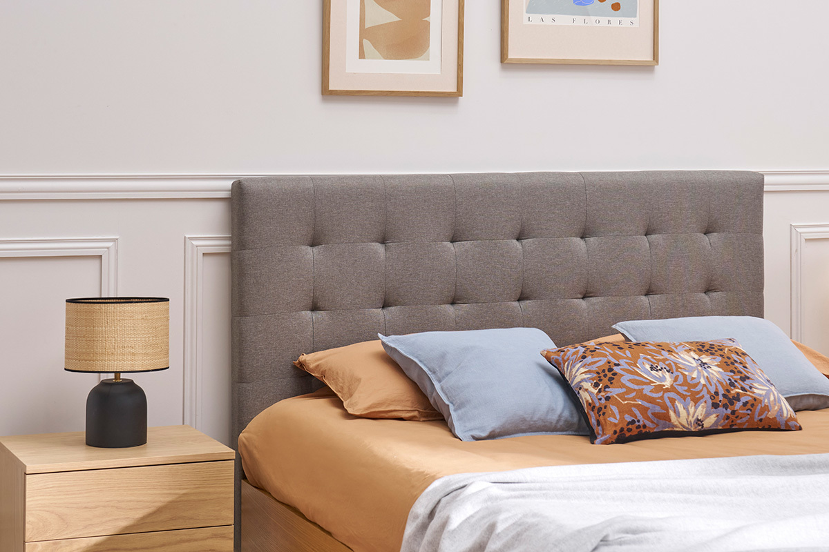 Letto matrimoniale scandinavo legno e tessuto grigio 160 x 200cm LYNN