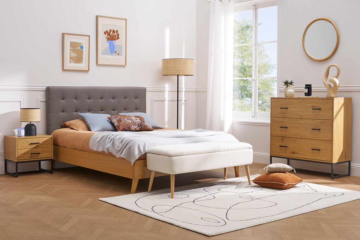Letto matrimoniale scandinavo legno e tessuto grigio 160 x 200cm LYNN