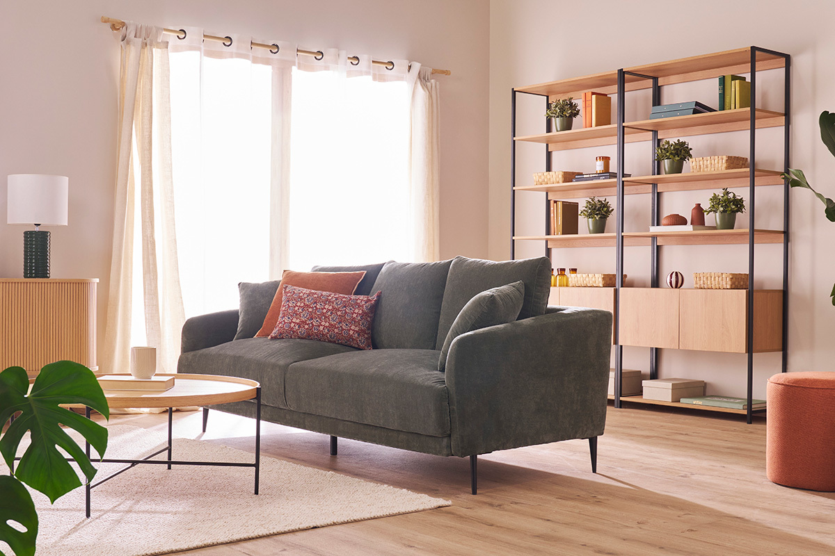 Libreria a ripiani con vano contenitore chiuso finitura legno chiaro rovere e metallo nero L94 cm FLEA