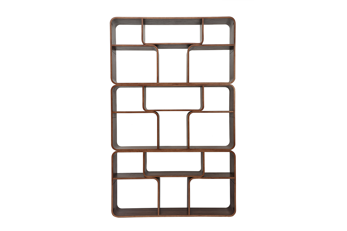 Libreria aperta in noce scuro con scomparti di varie dimensioni, vista frontale.