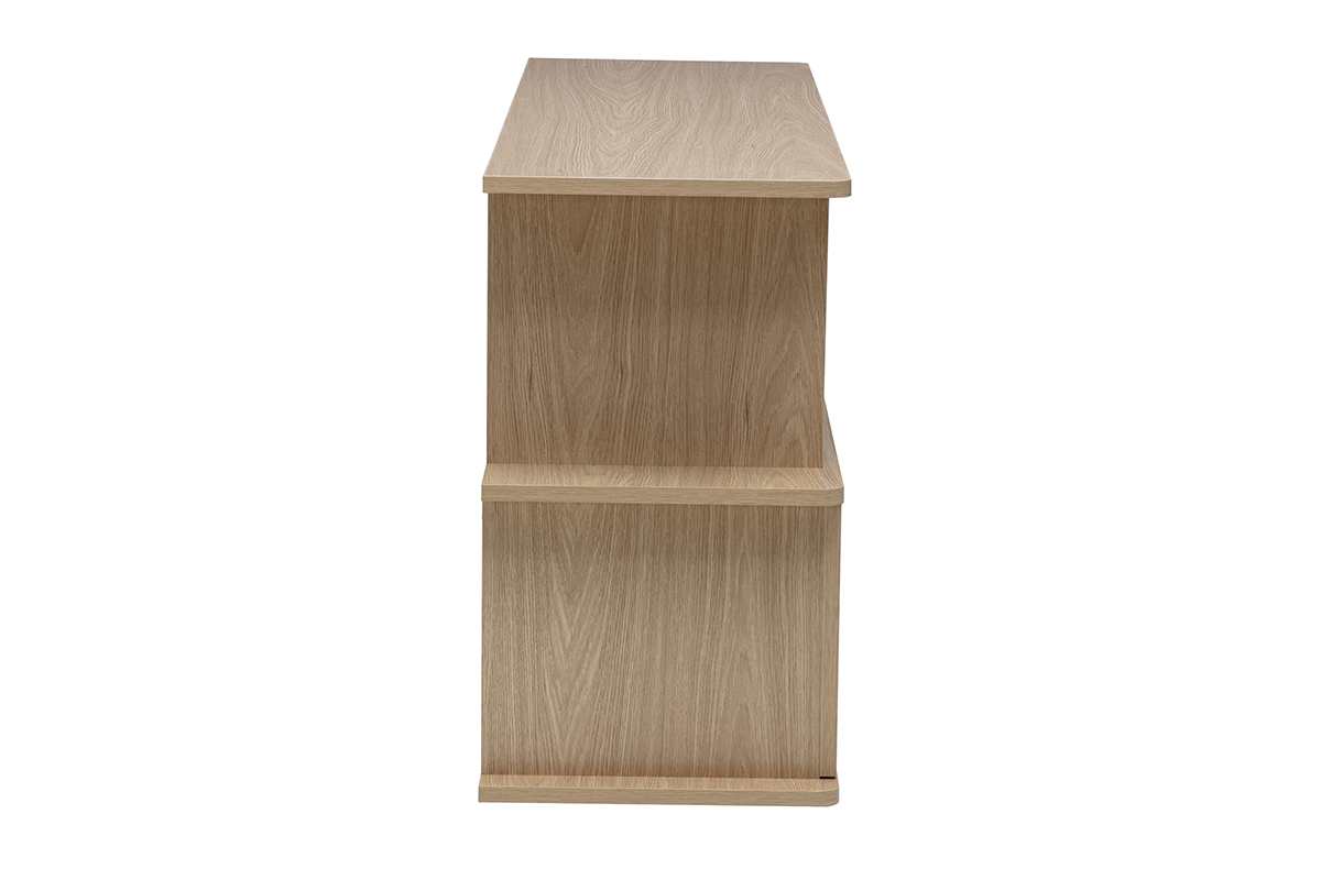 Libreria bassa in legno chiaro di quercia, vista di profilo con vani portaoggetti asimmetrici.