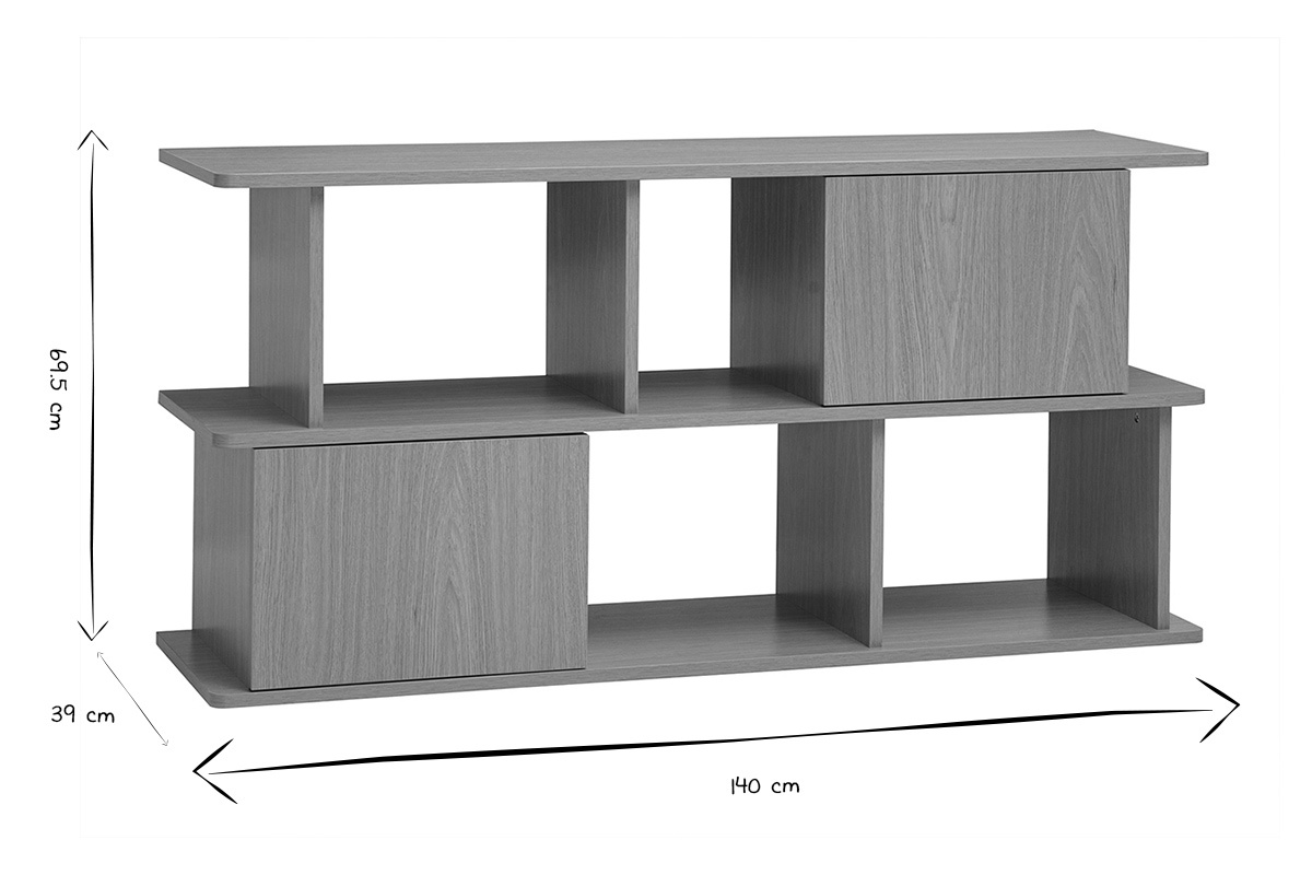 Dimensioni della libreria bassa JANICE in nero e bianco: L140 cm, H69,5 cm, P39 cm.