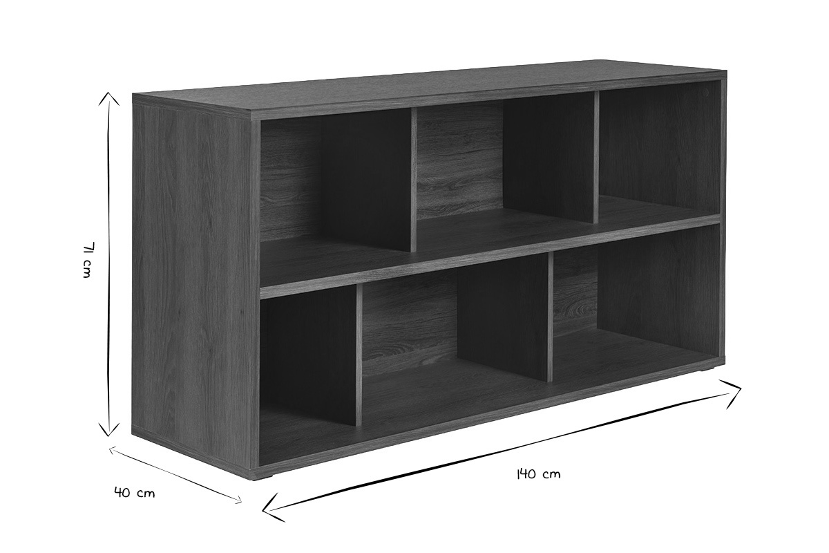 Libreria bassa EPURE in nero e bianco, dimensioni L140 x P40 x H71 cm, vista da tre quarti.