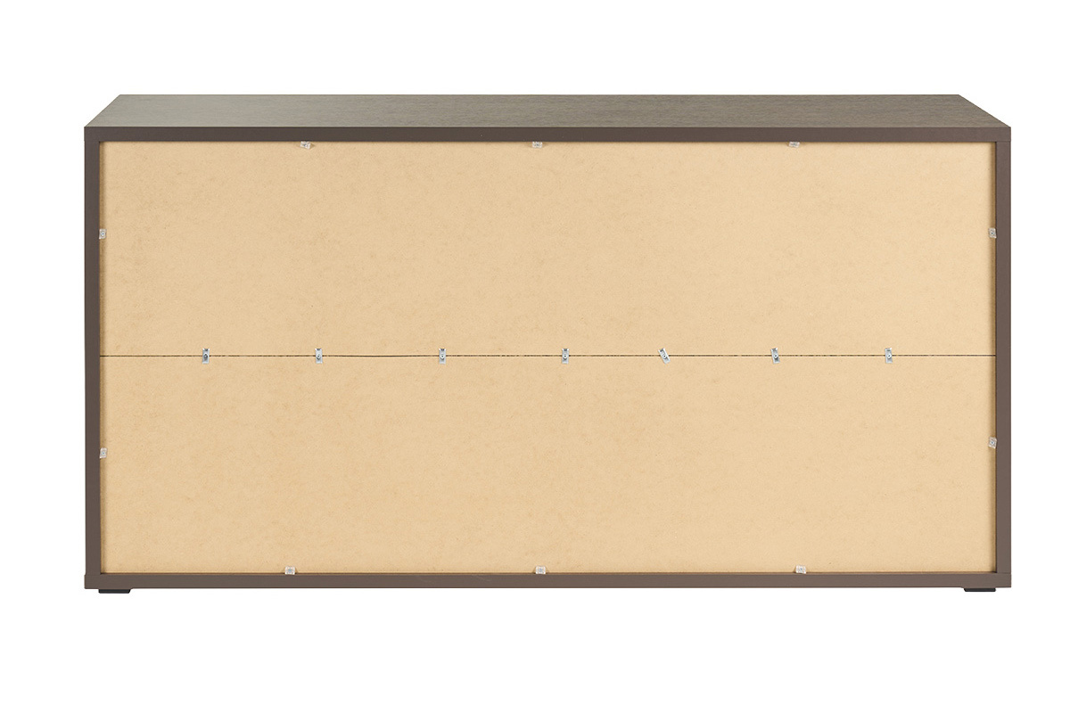 Retro della libreria bassa EPURE in noce scuro, vista da dietro.