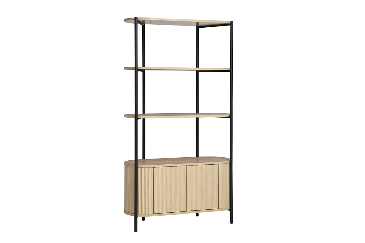 Biblioth�que ZORA finitura in legno chiaro rovere e metallo nero, vista 3/4 con tre ripiani aperti e corpo arrotondato.