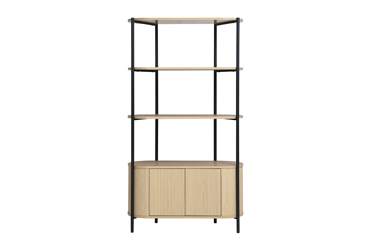 Libreria ZORA in metallo nero e legno chiaro, vista frontale con tre ripiani e un mobiletto arrotondato in basso.