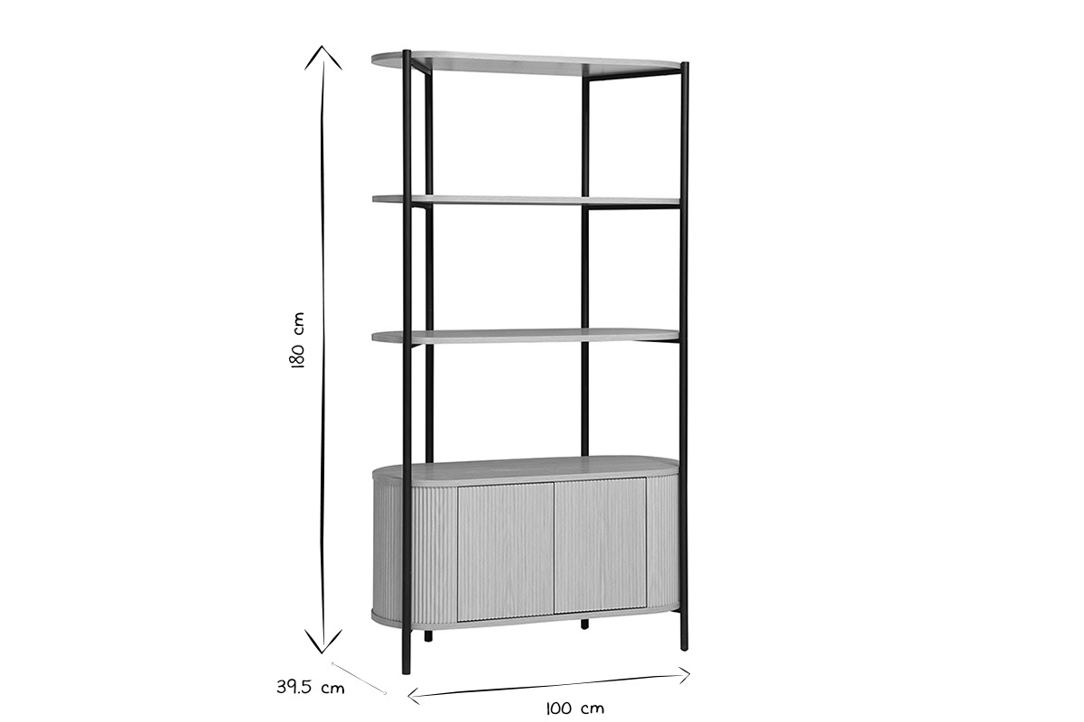 Dimensioni della libreria ZORA: 180 cm di altezza, 100 cm di larghezza, 39,5 cm di profondit� in nero e bianco.