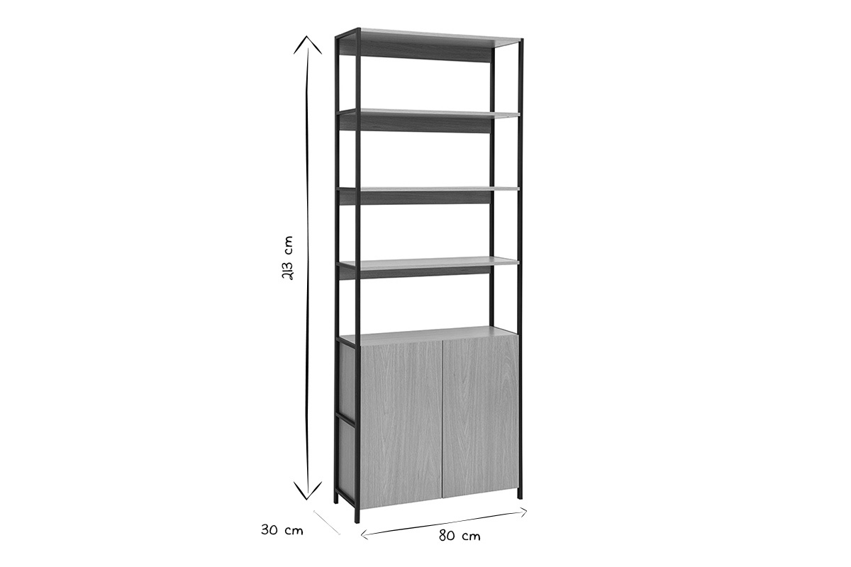 Libreria MAXENCE L80xP30xH213 cm in nero e bianco, vista frontale con dimensioni indicate.