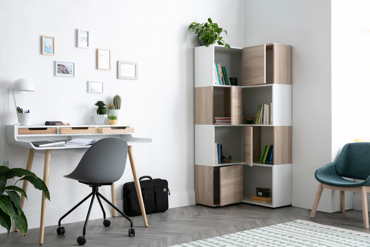 Libreria d'angolo design legno e bianca 8 nicchie QUADRA