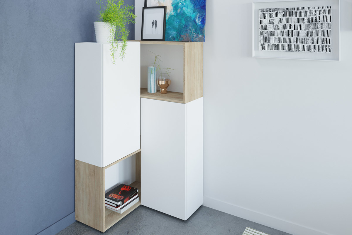 Libreria d'angolo design legno e bianco 4 nicchie QUADRA