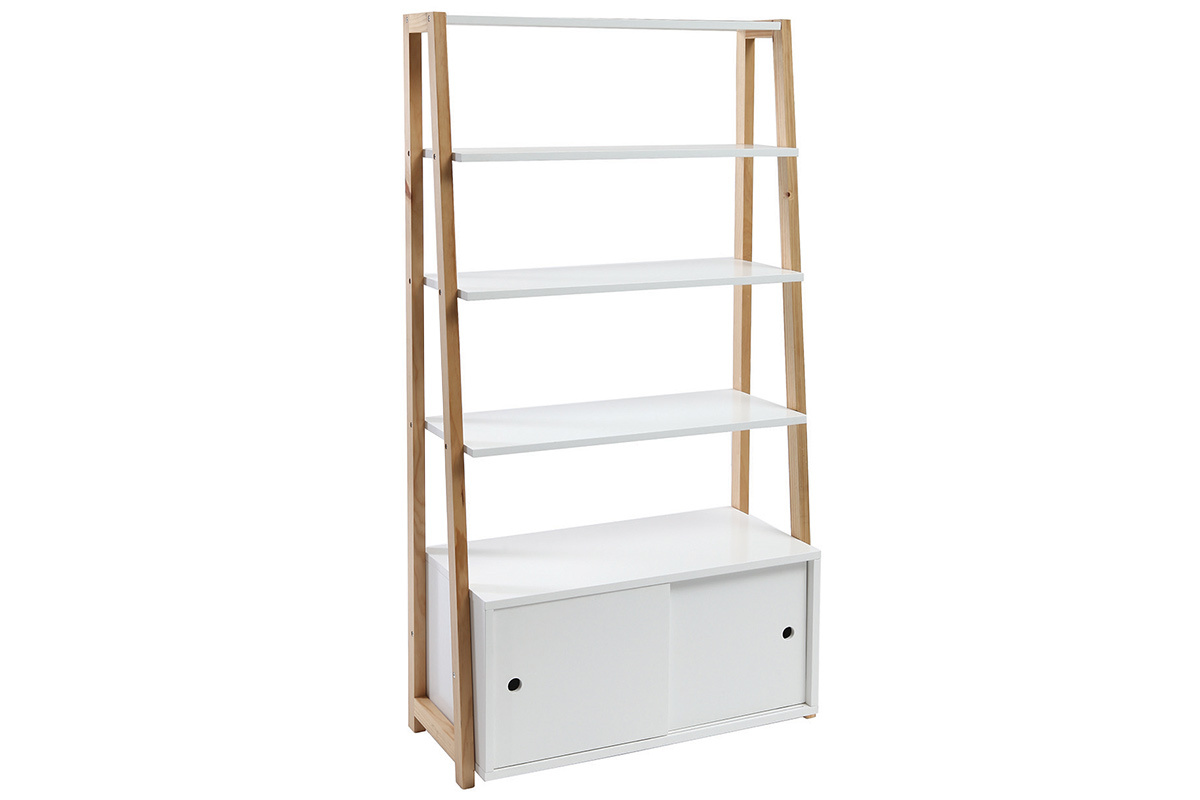 Libreria design laccata colore bianco opaco e legno STOKA