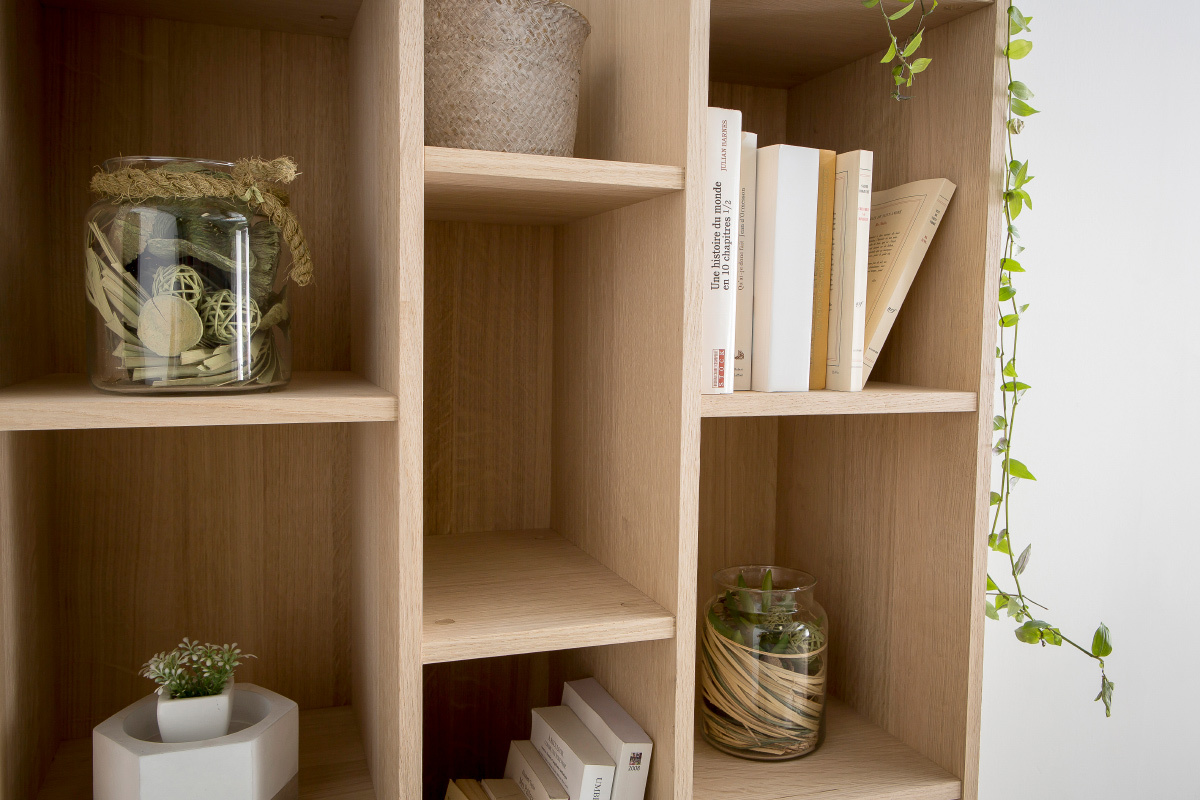 Libreria di design con impiallacciatura in rovere, modello: CLIMB