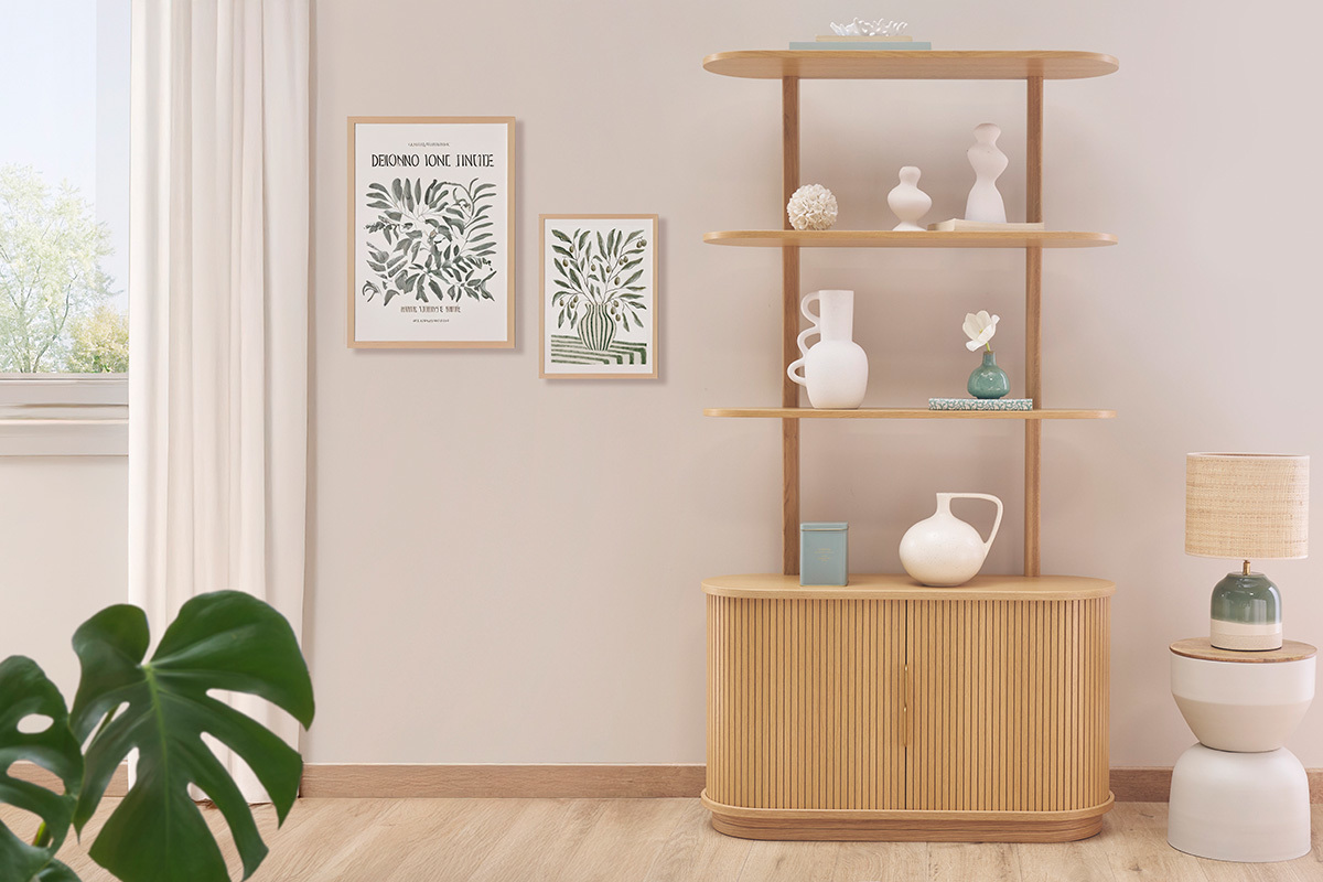 Libreria in legno chiaro di rovere con 2 ante scorrevoli L90 cm EPIC