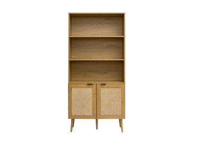 Libreria in legno chiaro, intreccio di rattan e metallo nero L90 MANILLE