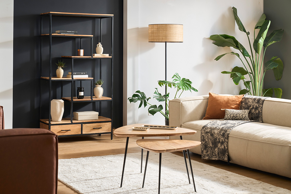 Libreria industriale in acacia e metallo nero L90 cm JASPE