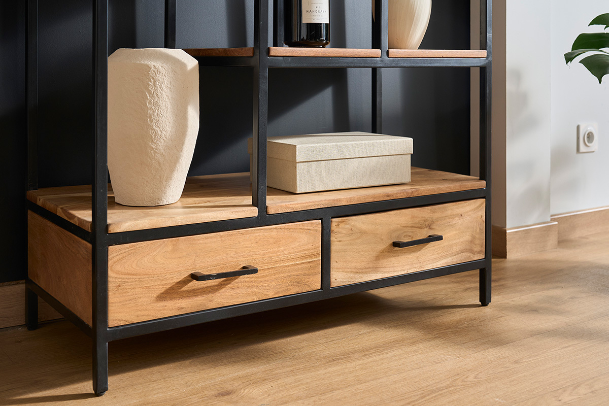 Libreria industriale in acacia e metallo nero L90 cm JASPE