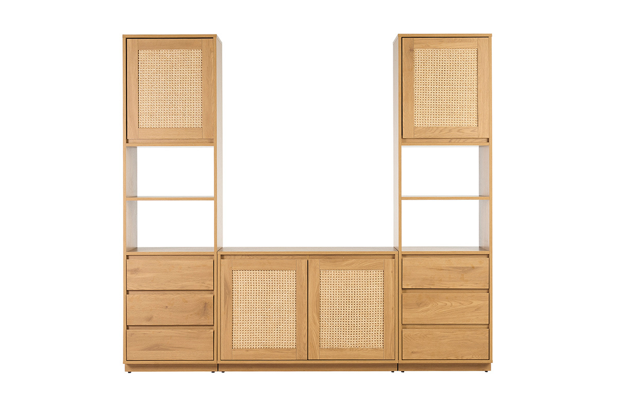 Libreria in legno chiaro con cassetti e intreccio in rattan, vista frontale, modello SEVILLE.