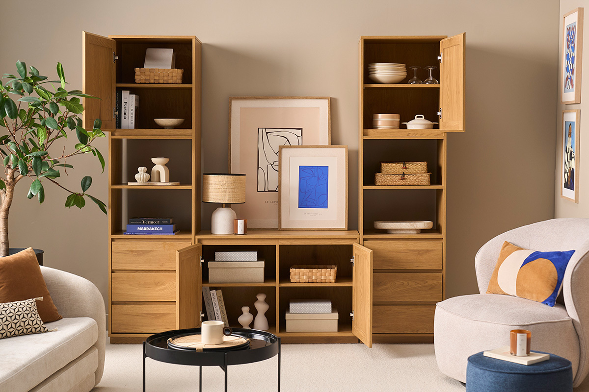 Libreria scaffale con ripostigli finitura legno chiaro quercia e intreccio in rattan L196 cm SEVILLE