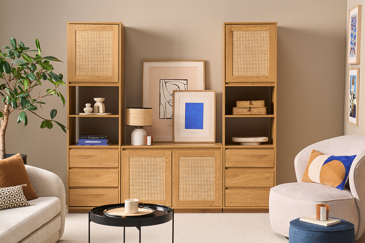 Libreria scaffale con ripostigli finitura legno chiaro quercia e intreccio in rattan L196 cm SEVILLE