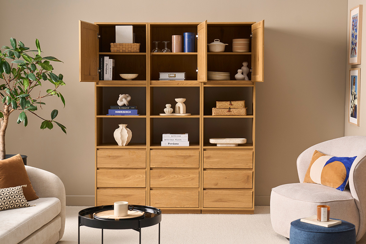 Libreria scaffale con ripostigli finitura legno chiaro quercia e intreccio rattan L150 cm SEVILLE
