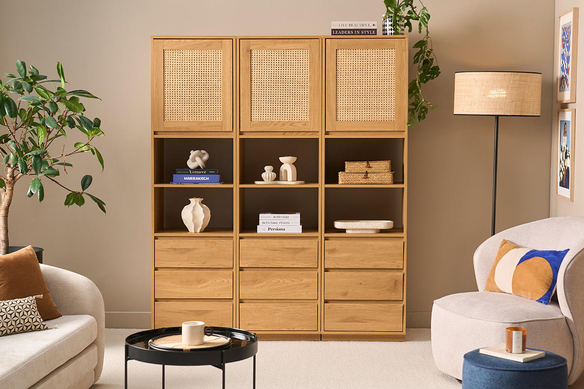 Libreria scaffale con ripostigli finitura legno chiaro quercia e intreccio rattan L150 cm SEVILLE