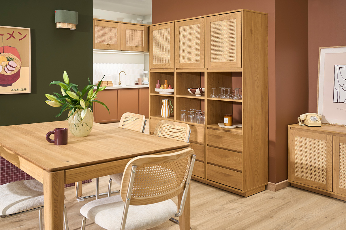 Libreria scaffale con ripostigli finitura legno chiaro quercia e intreccio rattan L150 cm SEVILLE