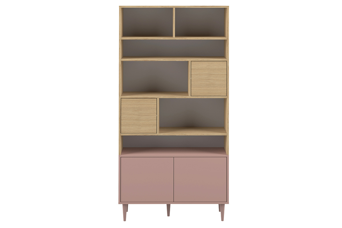 Libreria scandinava 10 scompartimenti legno e rosa STRIPE
