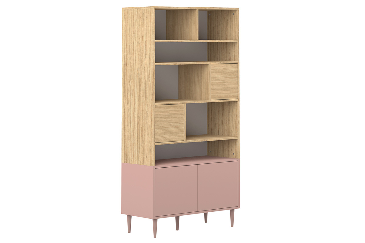 Libreria scandinava 10 scompartimenti legno e rosa STRIPE