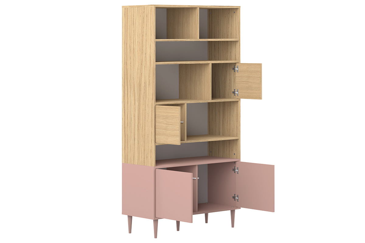 Libreria scandinava 10 scompartimenti legno e rosa STRIPE