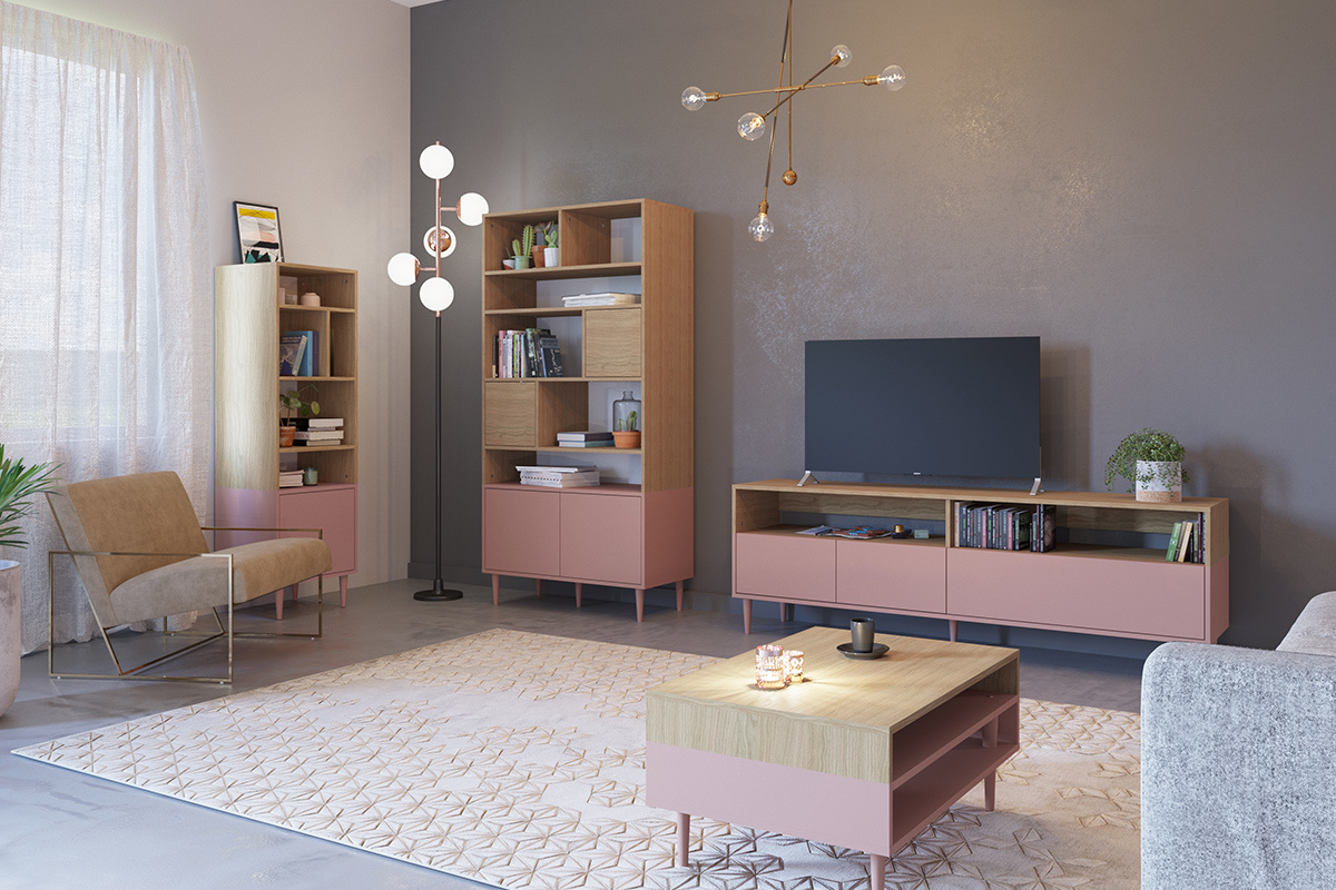 Libreria scandinava 10 scompartimenti legno e rosa STRIPE