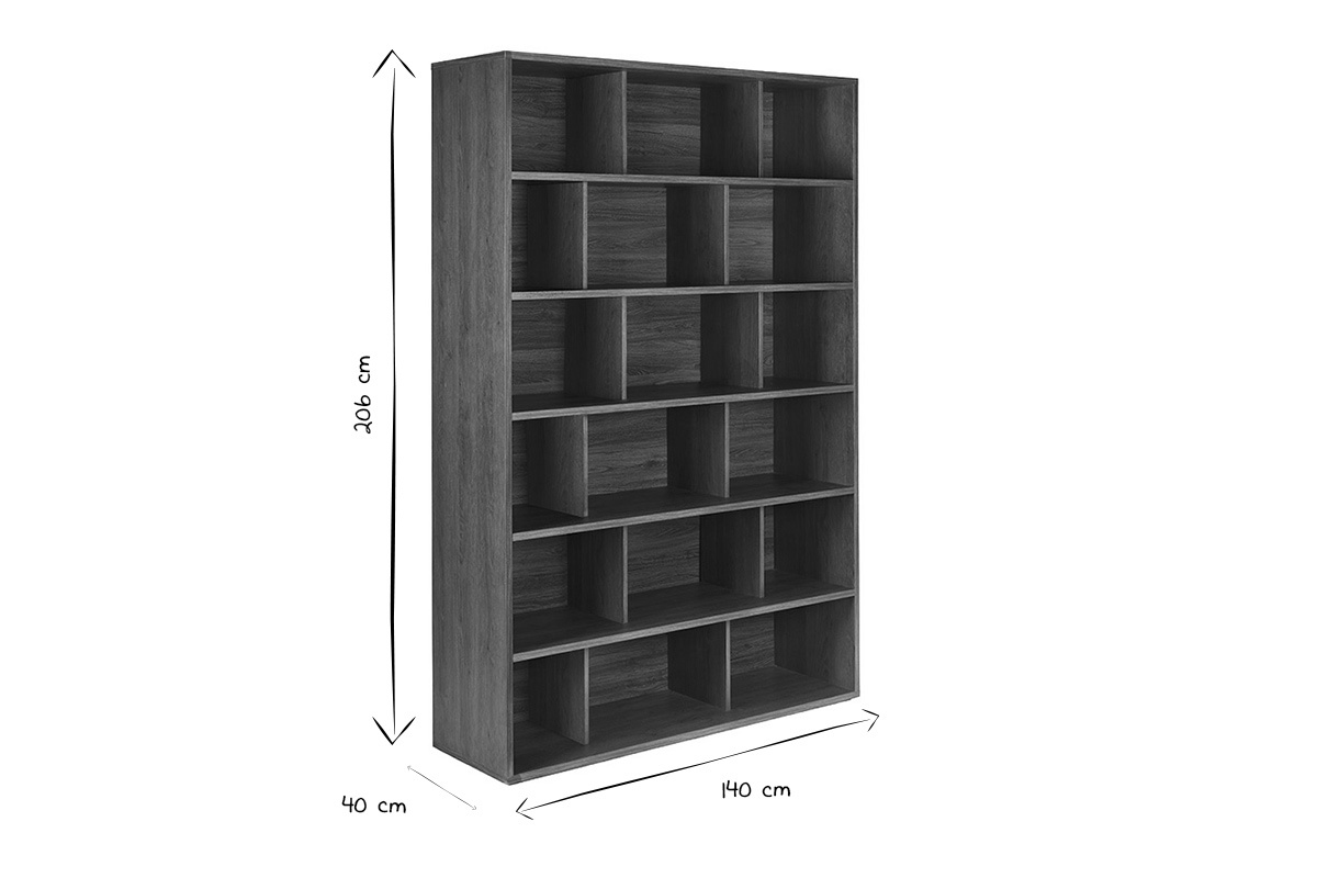 Libreria scandinava in bianco e nero con dimensioni L140 x P40 x H206 cm, vista da 3/4.