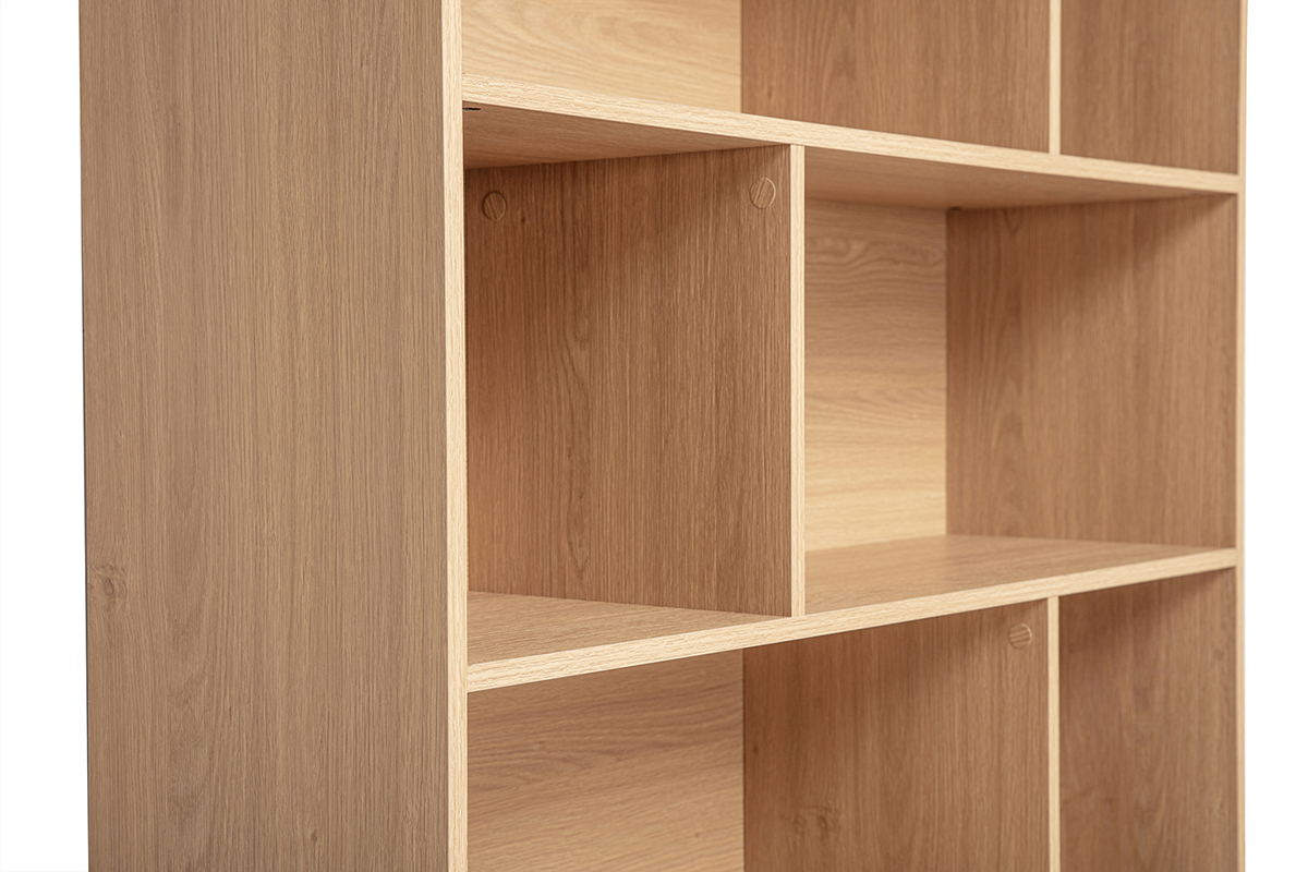 Libreria in legno chiaro con 8 scomparti, vista ingrandita.