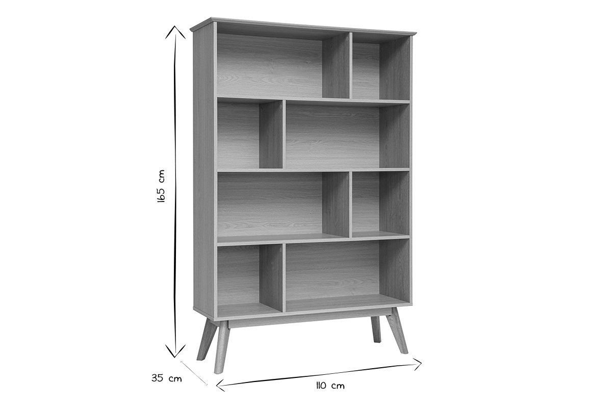 Dimensioni della libreria scandinava in legno chiaro, 8 scomparti, L110xP35xH165 cm, in bianco e nero.