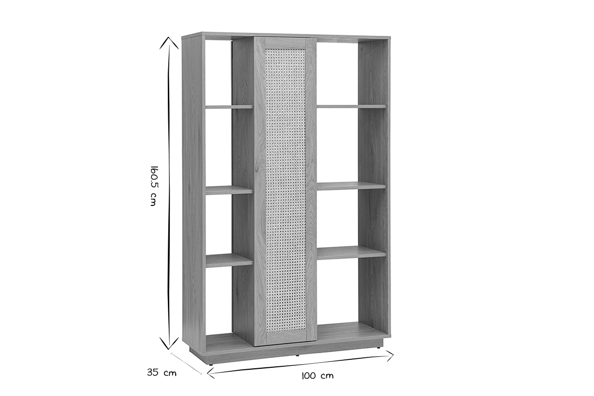 Dimensioni della libreria ALICANTE in nero e bianco, vista da 3/4.