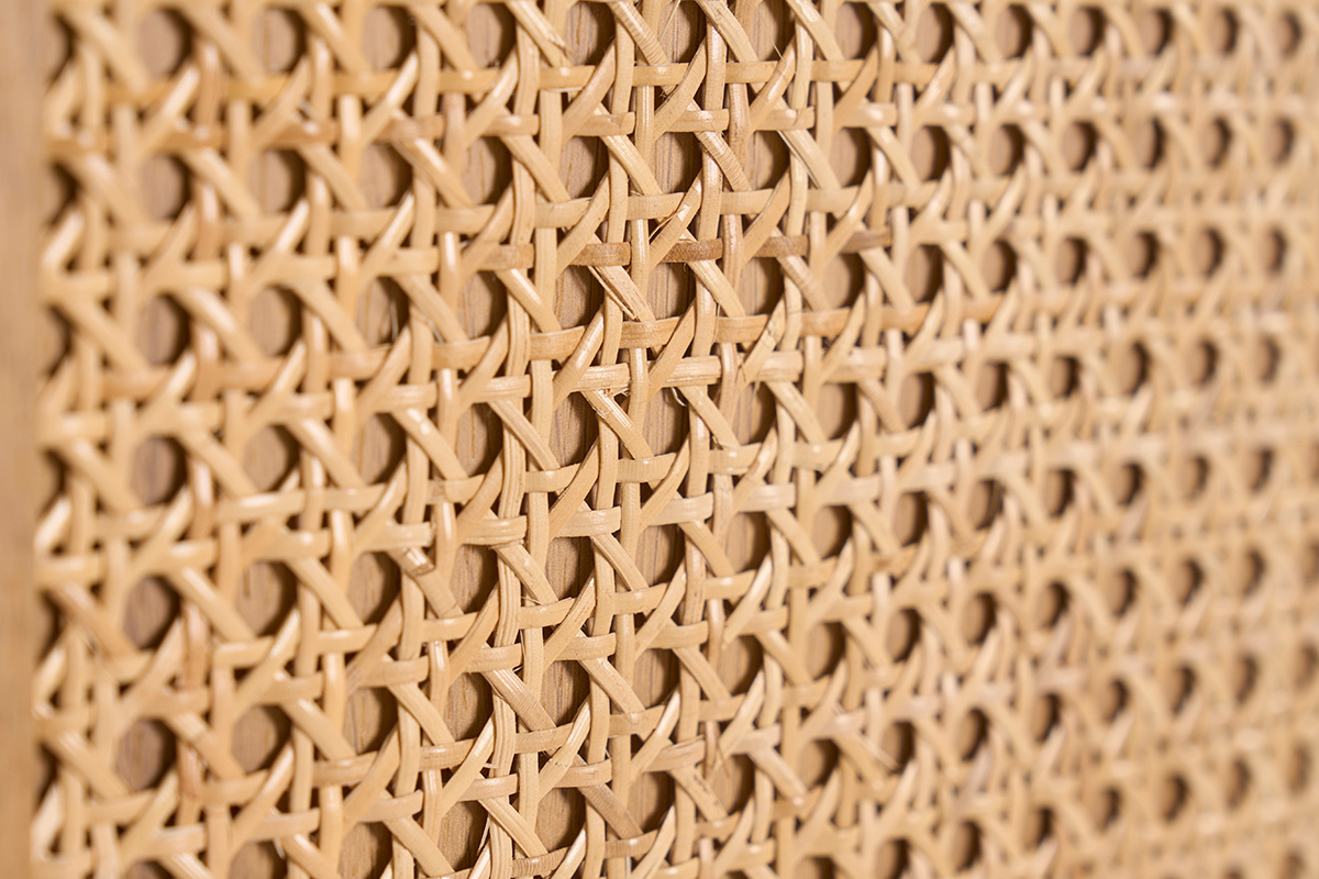 Libreria separatrice con ripiani in finitura legno chiaro rovere e intreccio di rattan L100 cm ALICANTE