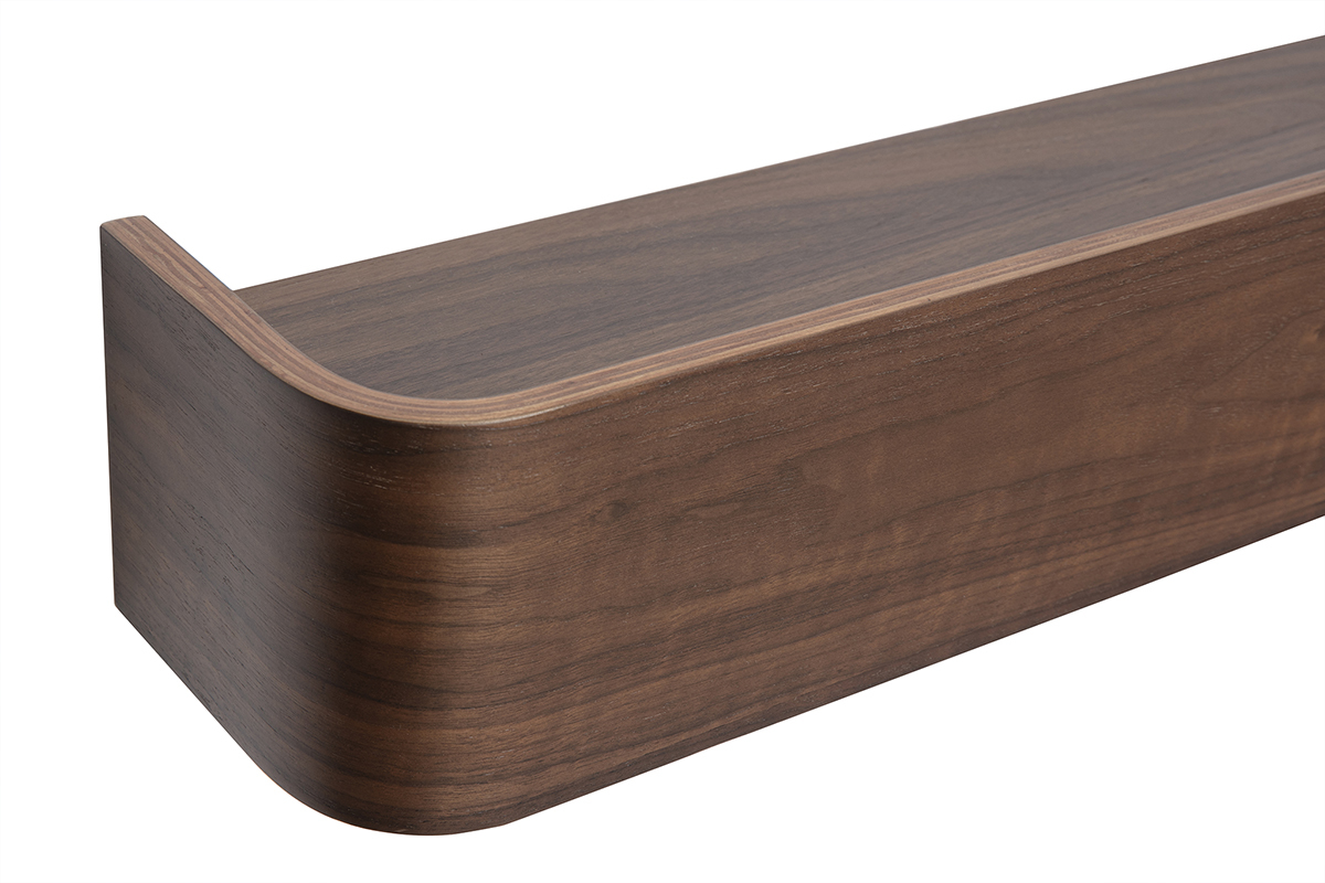 Mensola da muro in noce scuro con bordi curvi, vista laterale ingrandita.