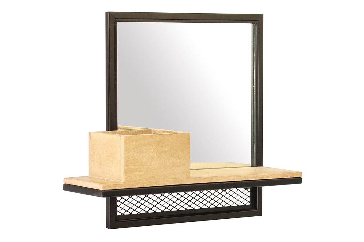 Mensola a muro industriale con specchio in metallo e mango massiccio L50cm RACK