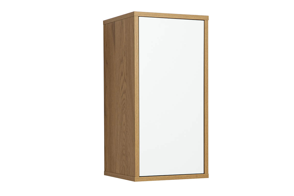 Mensola da parete FINITURA bianca e legno chiaro rovere, vista a 3/4, dimensioni L30 x P30 x H60 cm