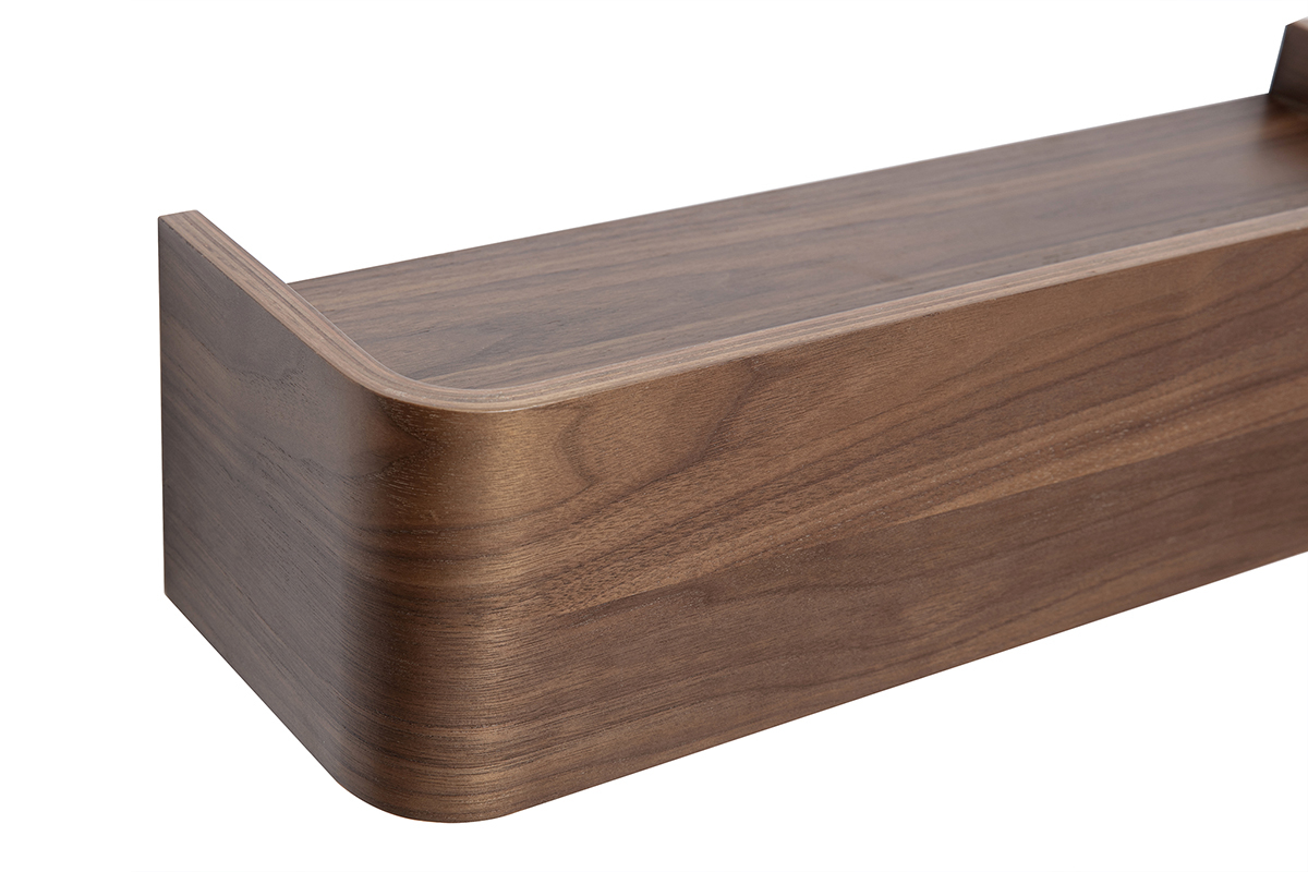 Scaffale da muro in legno di noce scuro, vista laterale ingrandita.