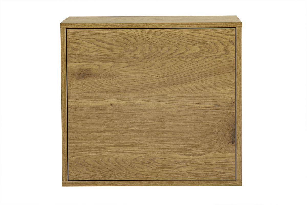 Organizzazione murale in legno chiaro di rovere, vista frontale, dimensioni L55 x P30 x H50 cm.